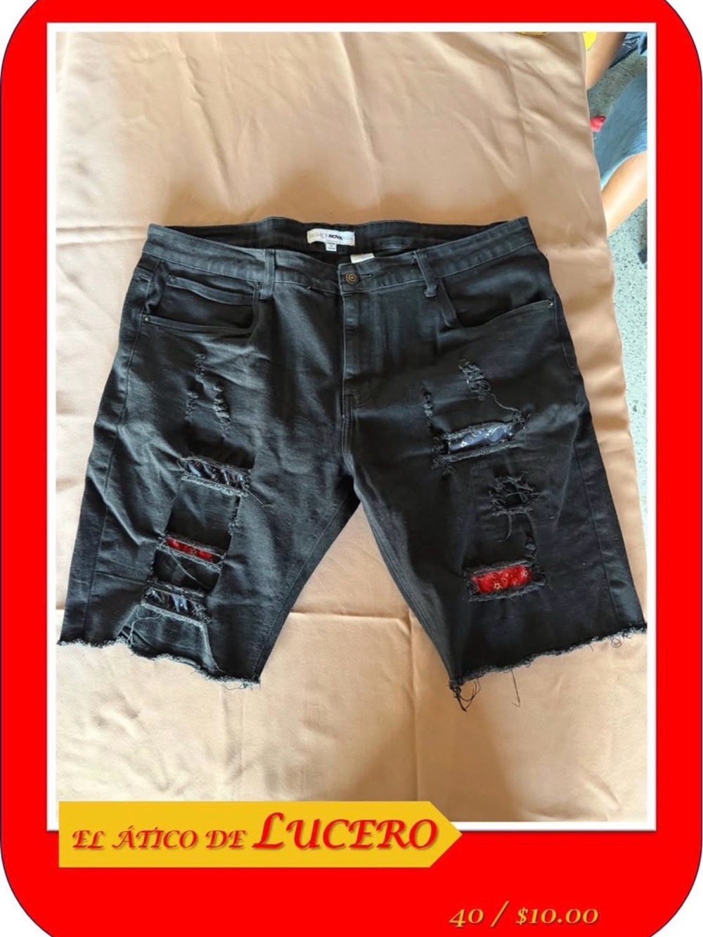 Fashion Nova Black Distressed Denim Shorts with Red Patch Accents